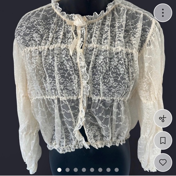 stan herman Tops - Vintage Stan Herman Babydoll style Sheer Lace Tie-Front Blouse - Cream